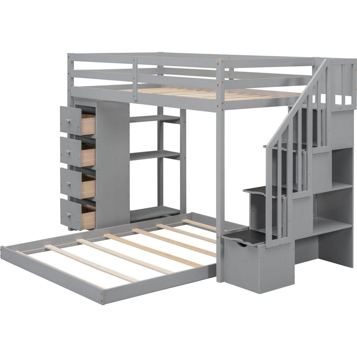 Twin Over Full Bunk Bed with 3-layer Shelves, Drawers and Storage Stairs, Gray