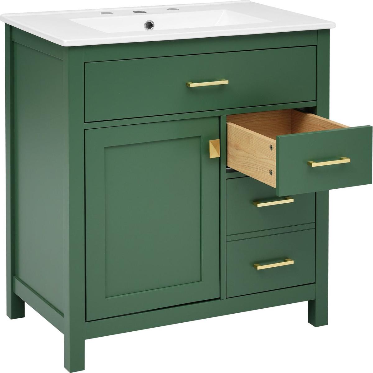 30-Inch Green Bathroom Vanity with Ceramic Sink and Ample Storage - Ideal Choice for Small Bathrooms