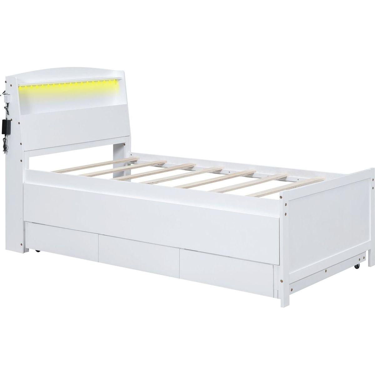 Twin Size Platform Bed with Storage LED Headboard, Twin Size Trundle and 3 Drawers, White