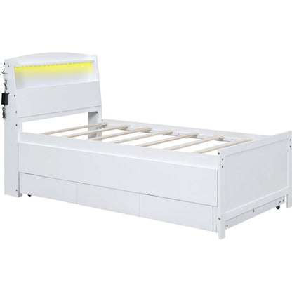 Twin Size Platform Bed with Storage LED Headboard, Twin Size Trundle and 3 Drawers, White