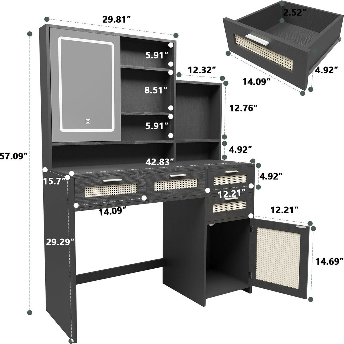 Makeup Vanity with Lights in 3 Colors & Openable Mirror, Vanity Desk with 4 Drawers & 1 Cabinets & Shelves, Vanity Table Rattan Vanity Dresser, for Bedroom