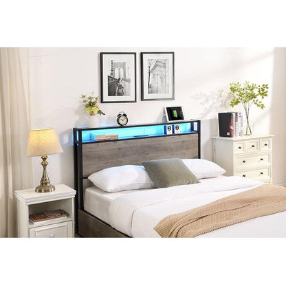 Queen Bed Frame, Storage Headboard with Charging Station, Solid and Stable, Noise Free, No Box Spring Needed, Easy Assembly