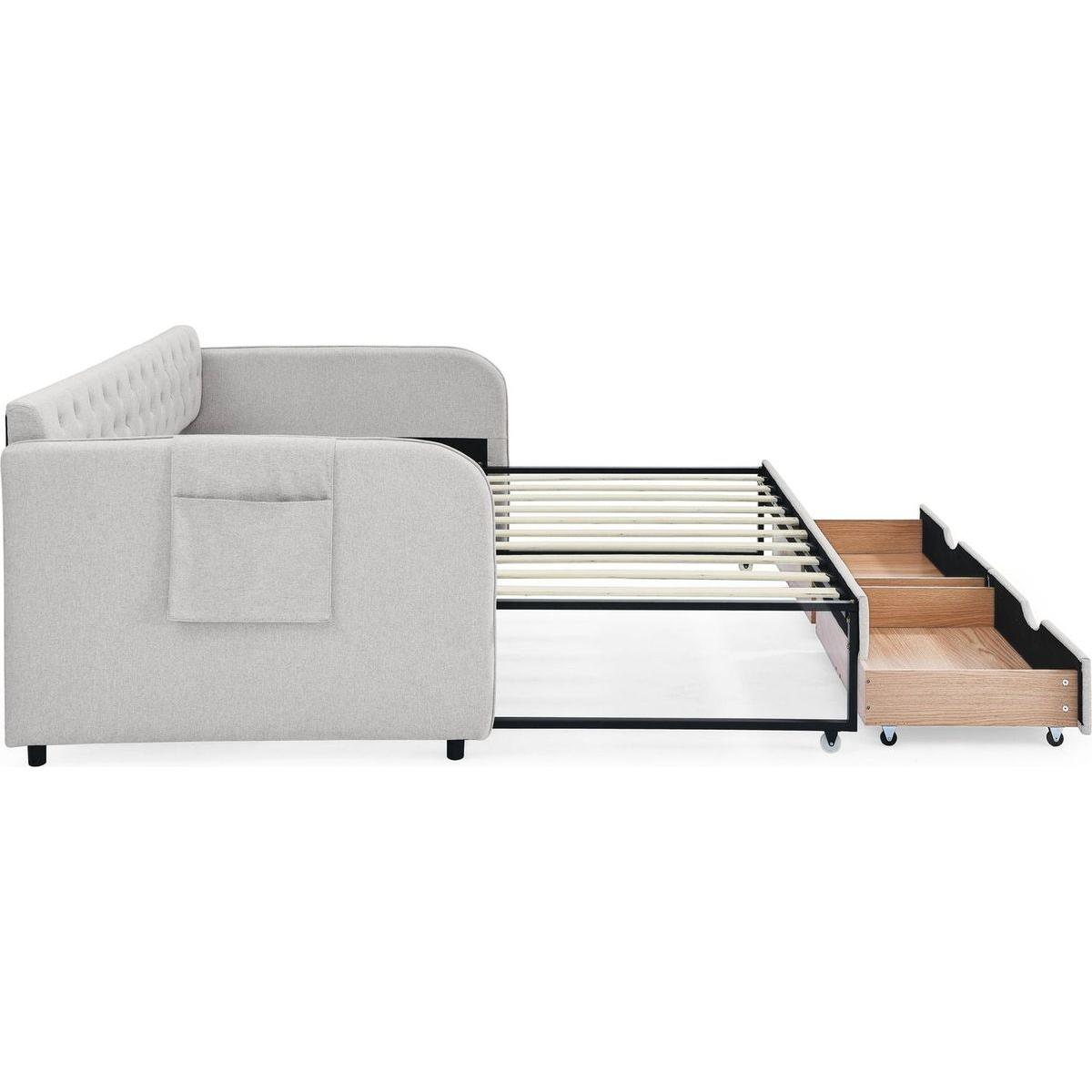 Twin Size Upholstery Daybed with Trundle Bed and Two Storage Drawers, Flat Arms with Pocket, Extendable Daybed for Bedroom Living Room,Linen Beige