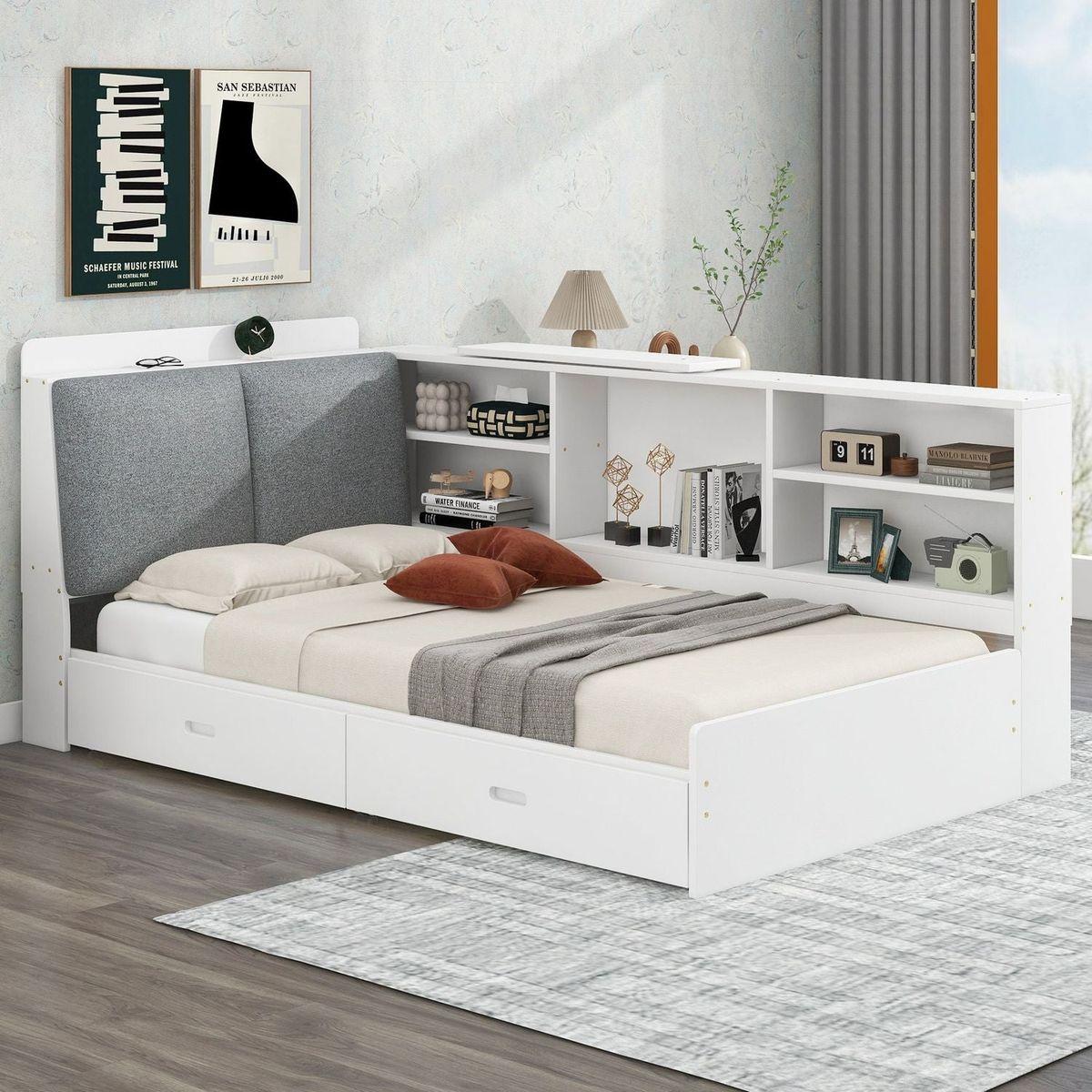 Wood Twin Size platform bed with Storage Headboard, Shelves and 2 Drawers, White