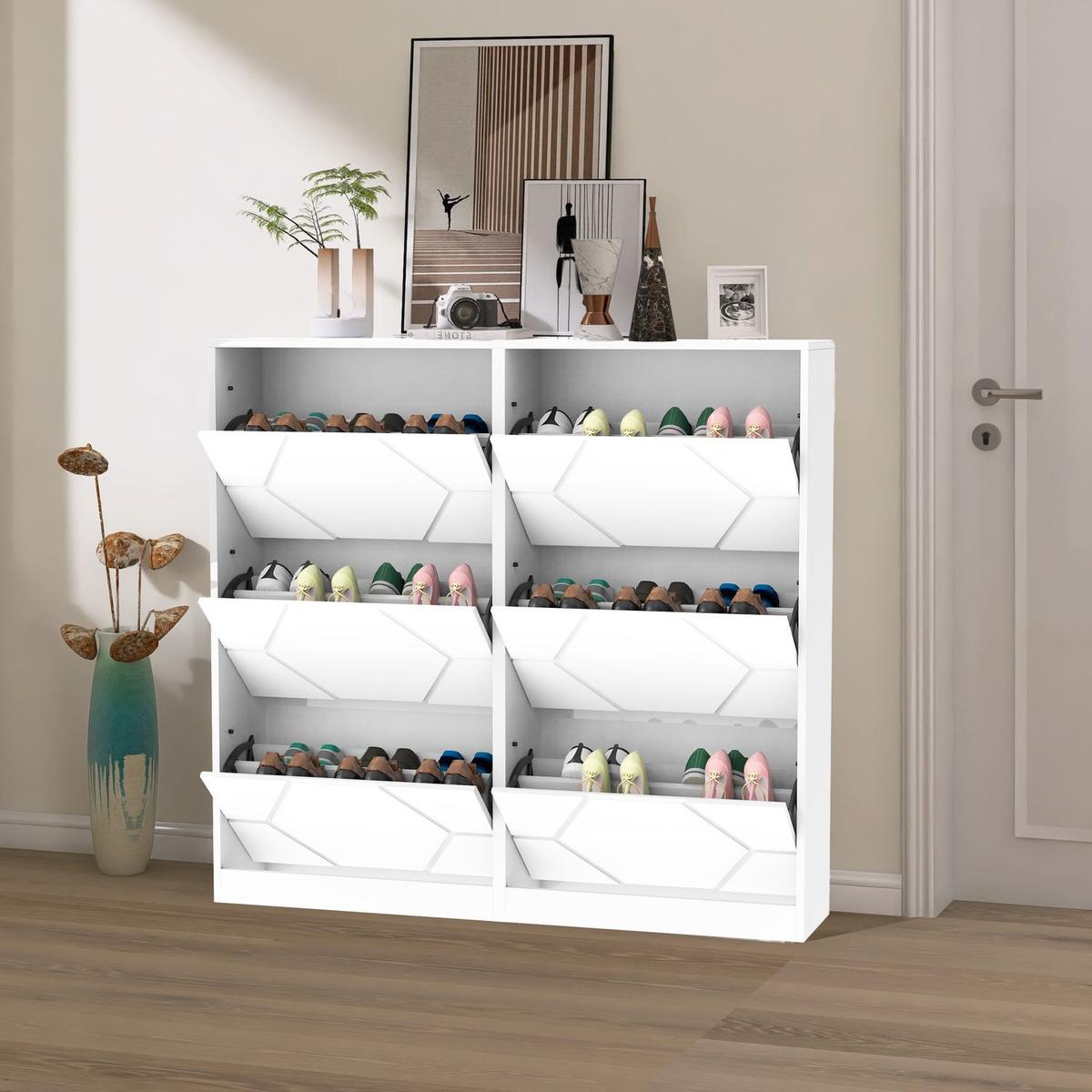 Shoe Storage Cabinet for Entryway, 6 Tiers Shoe Organizer with Carved Panels, Carving Shoe Closet,Vertical Shoe Cabinet for Front Door Entrance,Outdoor,Symmetric Design+White Finish