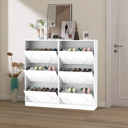 Shoe Storage Cabinet for Entryway, 6 Tiers Shoe Organizer with Carved Panels, Carving Shoe Closet,Vertical Shoe Cabinet for Front Door Entrance,Outdoor,Symmetric Design+White Finish