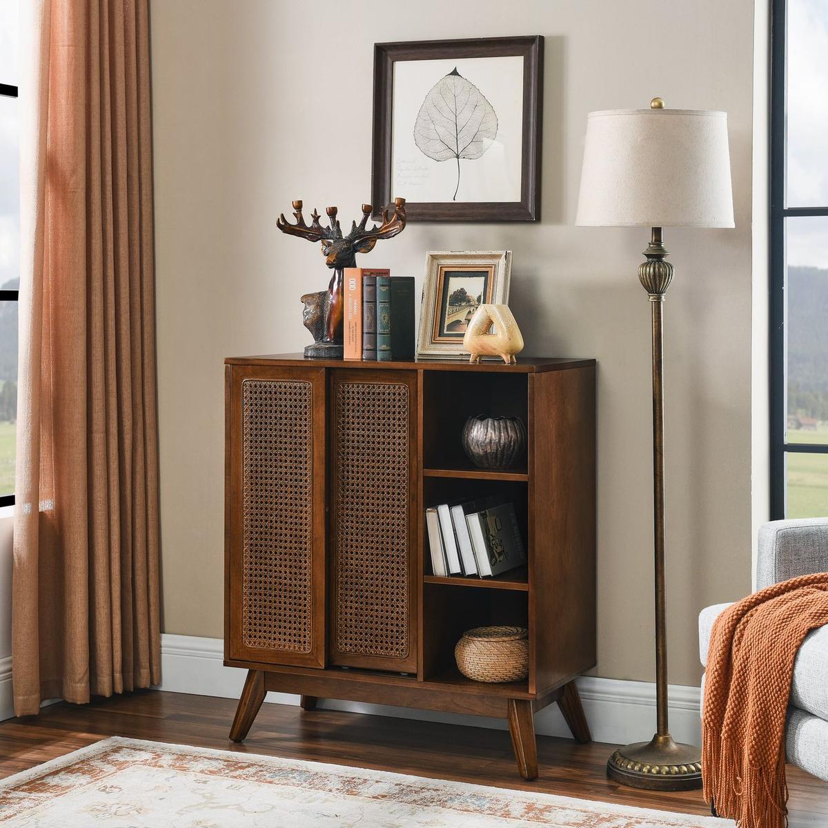Mid Century Modern Rattan Sideboard Cabinet, Buffet Cabinet for Entryway Hallway Living Room Kitchen Dining Room Bedroom, Adjustable Shelf & Solid Wood Feet & Rattan Cabinet Doors - Dark Wood - Streamdale Furniture