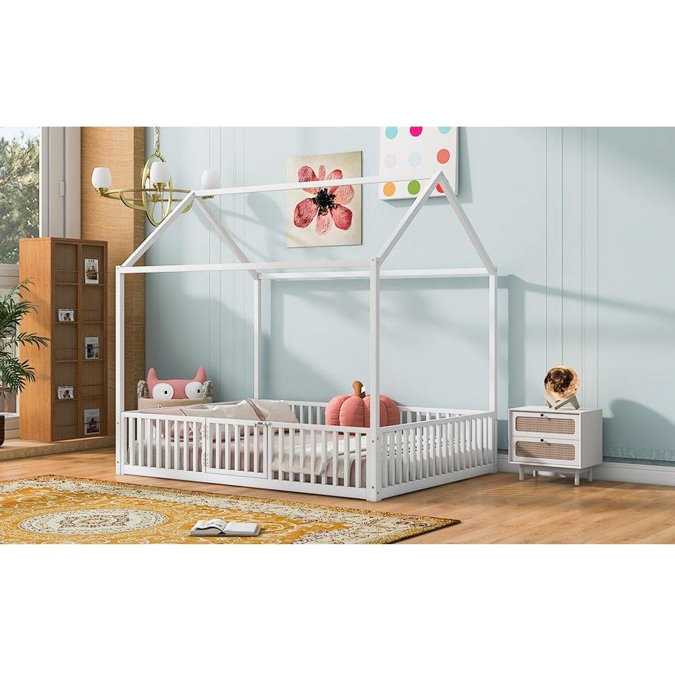 Full Size Metal House Bed with Fence and Door, White