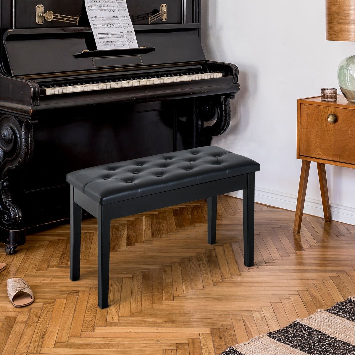 Piano Bench, Duet Piano Chair with Faux Leather Padded Cushion and Wooden Frame, Button Tufted Keyboard Bench, Black