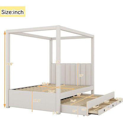 Full Size Upholstery Canopy Platform Bed with Trundle and Three Storage Drawers, Beige - Streamdale Furniture