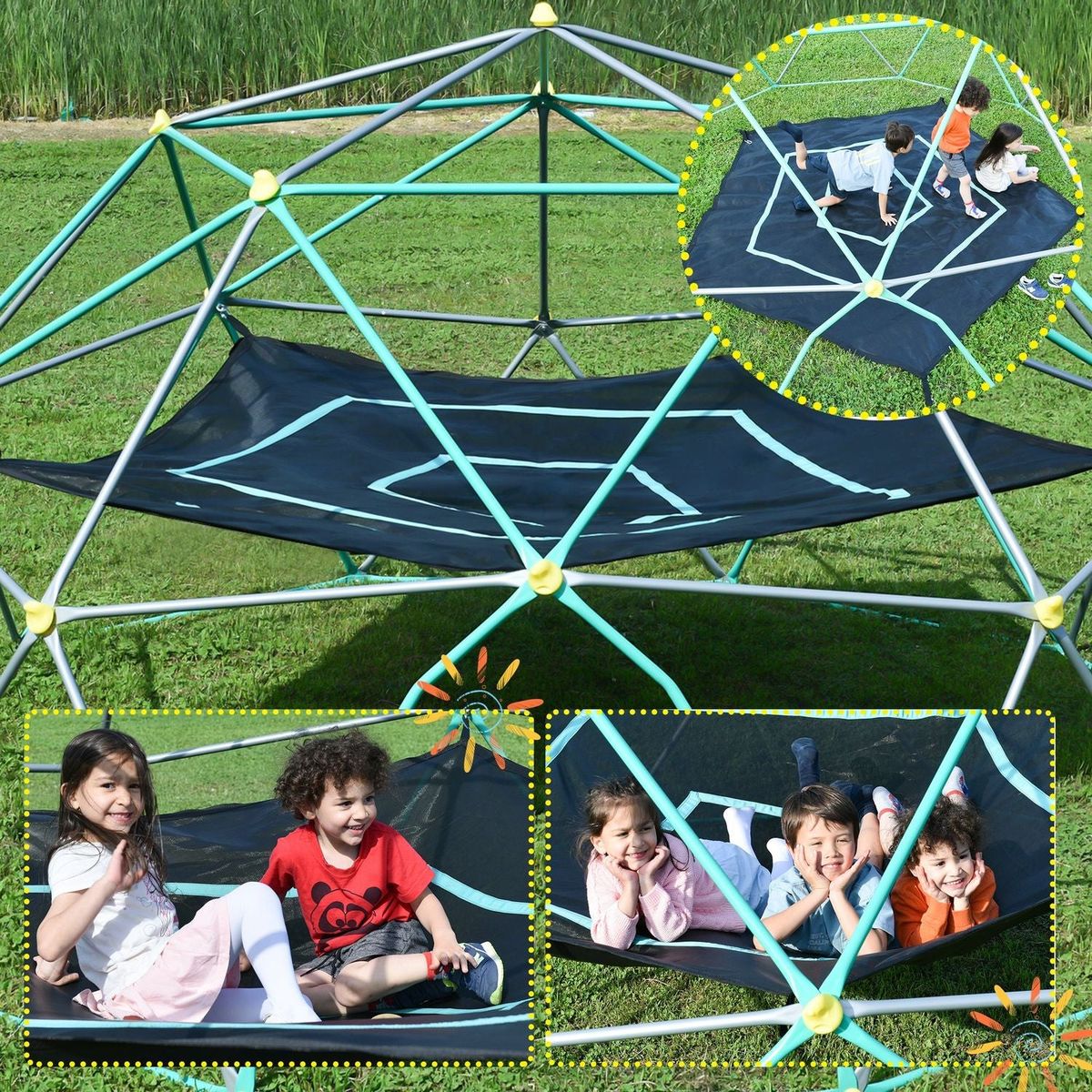 12ft Geometric Dome Climber Play Center, Kids Climbing Dome Tower with Hammock, Rust & UV Resistant Steel Supporting 1000 LBS