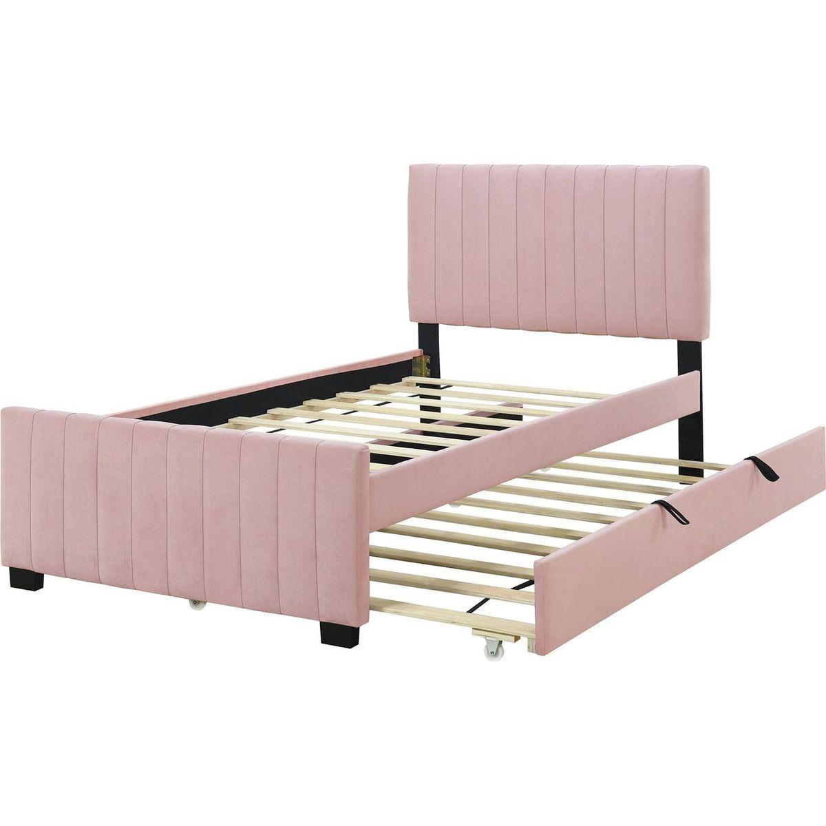 Twin Size Velvet Upholstered Platform Bed with Twin Size Trundle, Pink