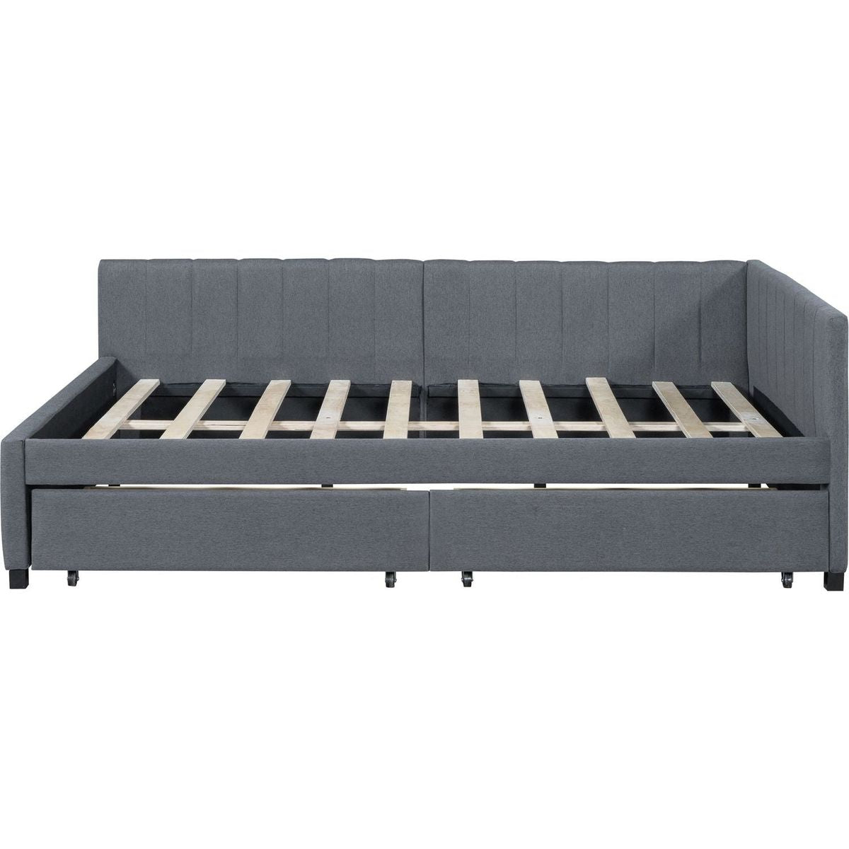 Full Size Upholstered Daybed with 2 Storage Drawers Sofa Bed Frame No Box Spring Needed, Linen Fabric (Gray)