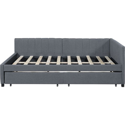 Full Size Upholstered Daybed with 2 Storage Drawers Sofa Bed Frame No Box Spring Needed, Linen Fabric (Gray)