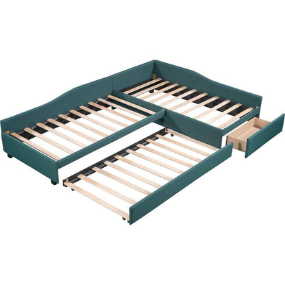 Upholstered Double Twin Size Daybed with Trundle and Drawer, Green