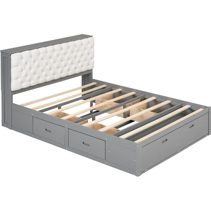 Wood Queen Size Platform Bed with Storage Headboard, shoe rack and 4 drawers,Gray
