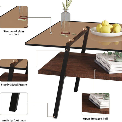 Rectangle Coffee Table, Tempered Glass Tabletop with Black Metal Legs, Modern Table for Living Room, Brown Glass