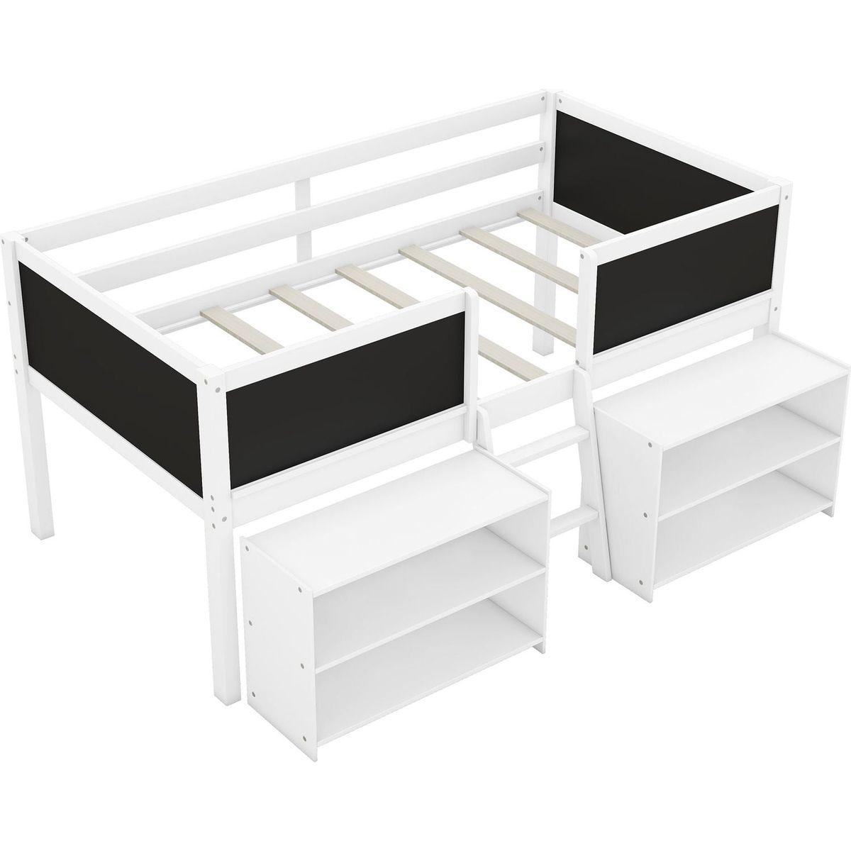 Twin Size Low Loft Bed with Two Movable Shelves and Ladder,with Decorative Guardrail Chalkboard,White