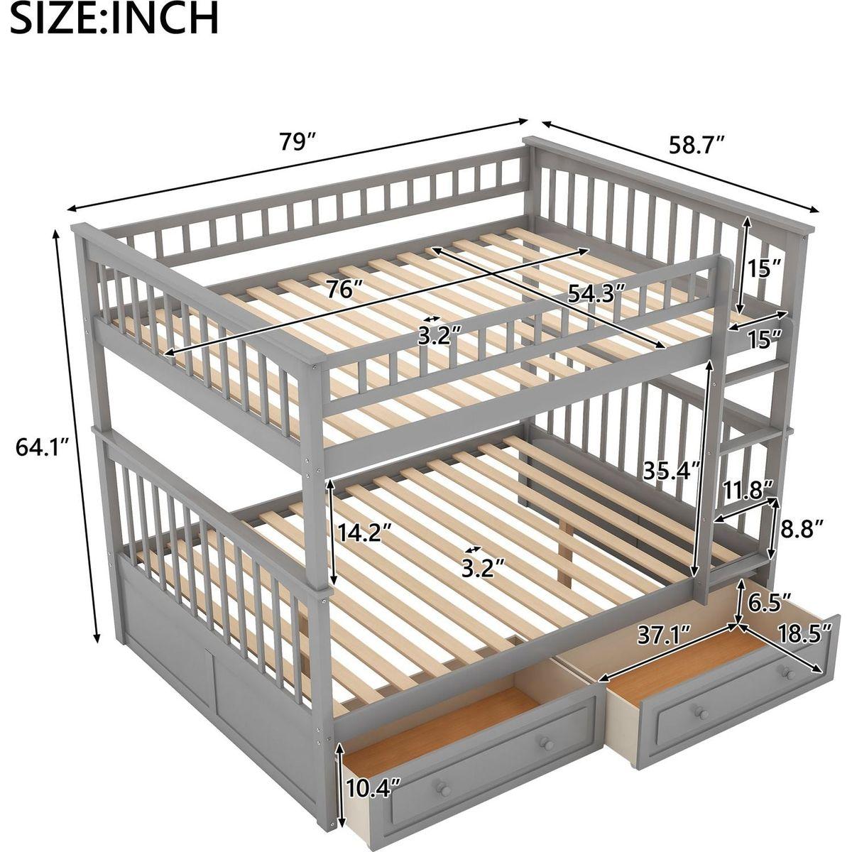 Full over Full Bunk Bed with Drawers, Convertible Beds, Gray