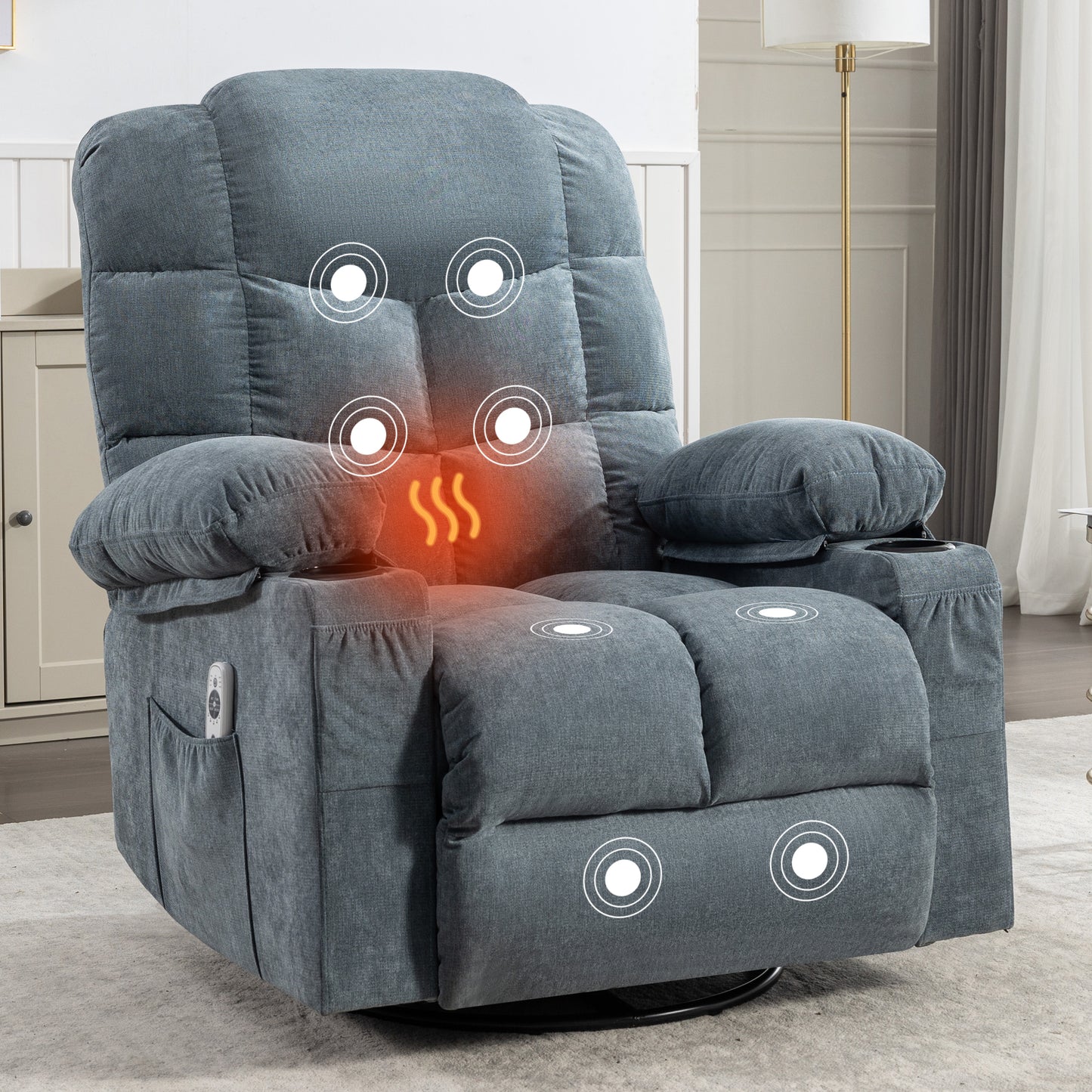 Massage Rocker Recliner Chair Rocking Chairs for Adults Oversized with 2 Cup Holders, USB Charge Port Soft Features a Manual Massage and Heat.A+B BLUE