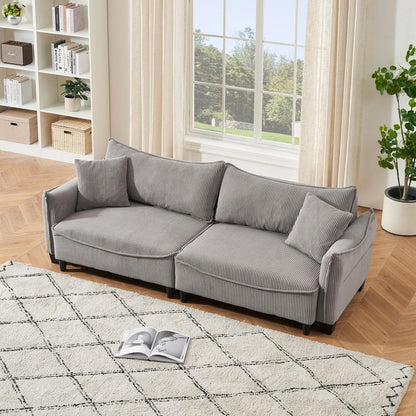 grey corduroy fabric, sofa can be converted into a sofa bed with two throw pillows, suitable for living room and other scenes