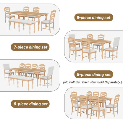 Vintage Traditional 7-Piece 82.7inch Extendable Dining Table Set with 23.6inch Removable Leaf, 4 Serrated Back Chairs and 2 Upholstered Back Dining Chairs for 6, Natural