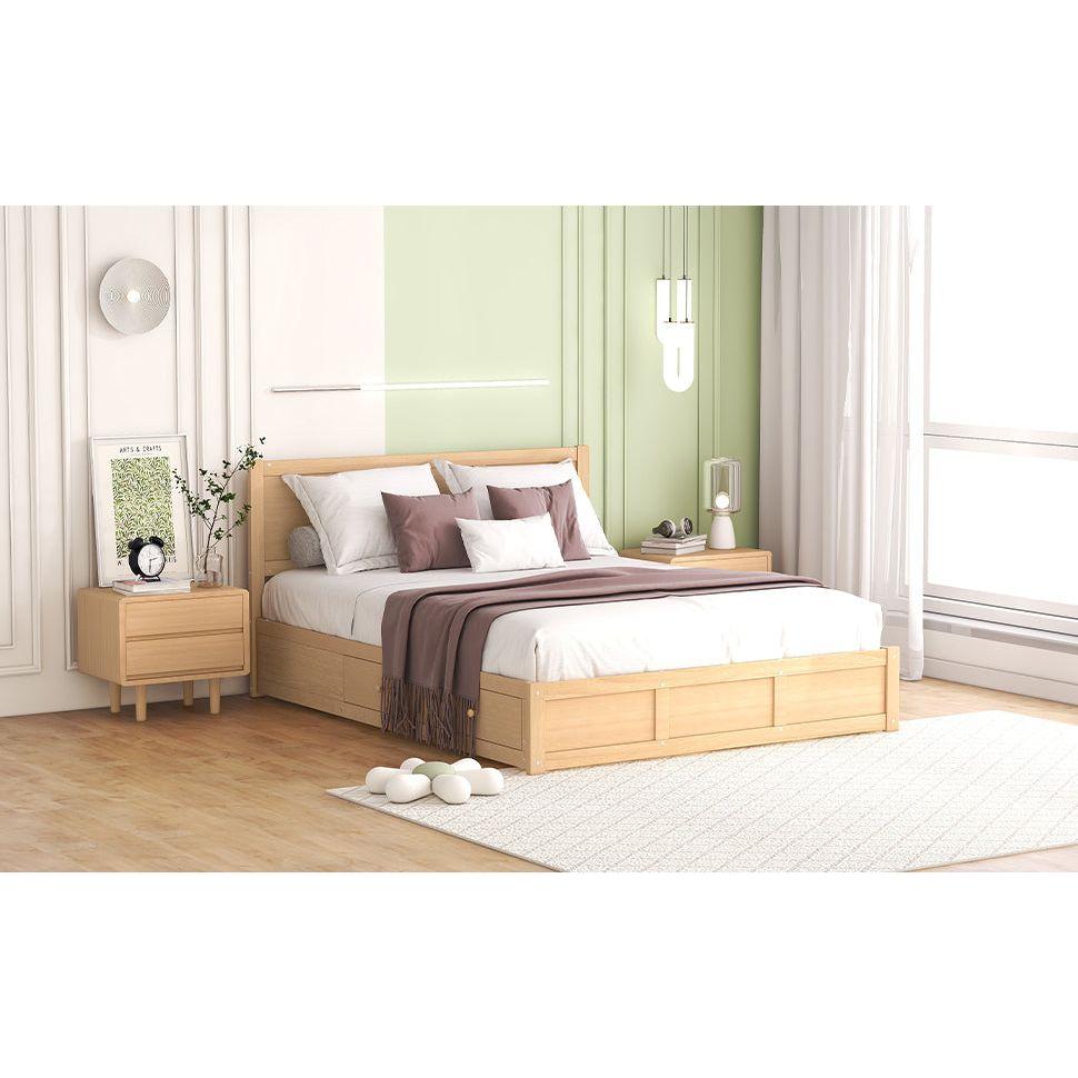 Queen Size Wood Platform Bed with Underneath Storage and 2 Drawers, Wood Color
