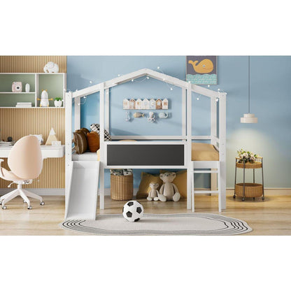 Twin Size Loft Bed with Ladder and Slide, House Bed with Blackboard and Light Strip on the Roof, White