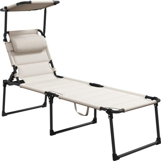 Outdoor Lounge Chair, Adjustable Backrest Folding Chaise Lounge, Cushioned Tanning Chair w/Sunshade Roof & Pillow Headrest for Beach, Camping, Hiking, Cream White