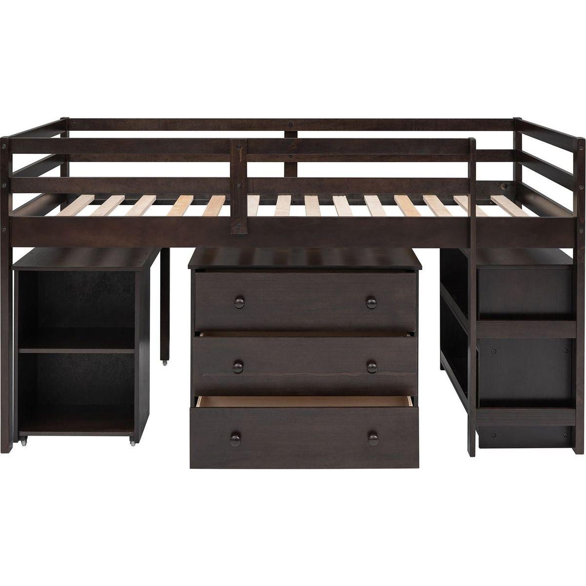 Low Study Twin Loft Bed with Cabinet and Rolling Portable Desk - Espresso