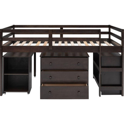 Low Study Twin Loft Bed with Cabinet and Rolling Portable Desk - Espresso