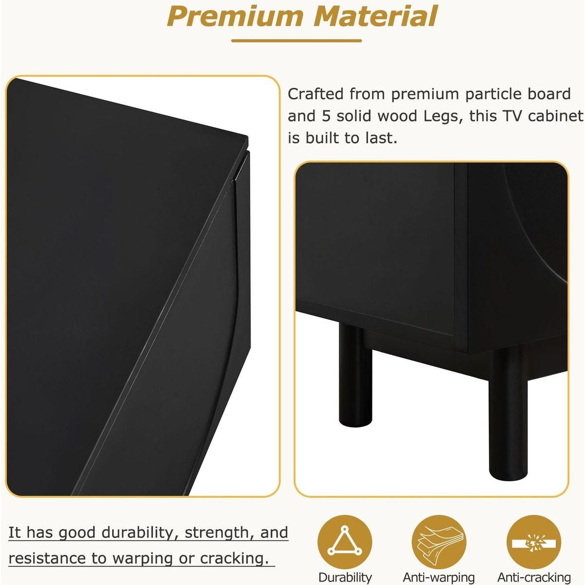 Graceful TV Stand with Arch Cabinets for TVs Up to 78", Minimalist Entertainment Center with Solid Wood Legs, Practical Media Console with Adjustable Shelves for Living Room, Black