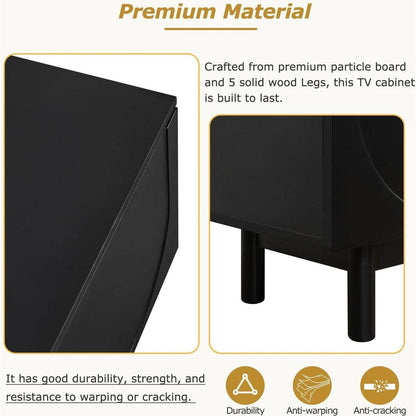 Graceful TV Stand with Arch Cabinets for TVs Up to 78", Minimalist Entertainment Center with Solid Wood Legs, Practical Media Console with Adjustable Shelves for Living Room, Black