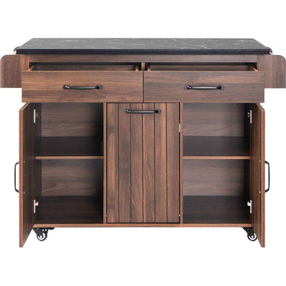 Kitchen Island with Trash Can Storage Cabinet, Kitchen Cart with Drop Leaf, Spice Rack, Towel Rack and Drawer, Rolling Kitchen Island on Wheels with Adjustable Shelf, Walnut Brown