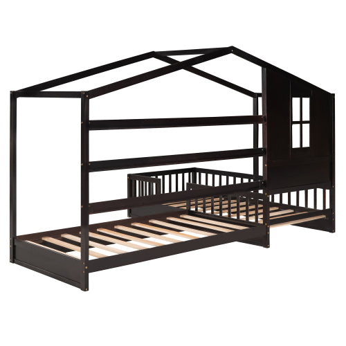 Wood House Bed Twin Size, 2 Twin Solid Bed L structure with fence and slatted frame, Espresso