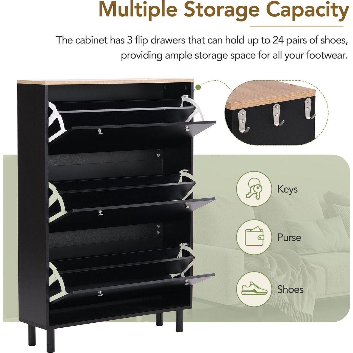 Narrow Design Shoe Cabinet with 3 Flip Drawers, Wood Grain Pattern Top Entryway Organizer with 3 Hooks, Free Standing Shoe Rack with Adjustable Panel for Hallway, Black
