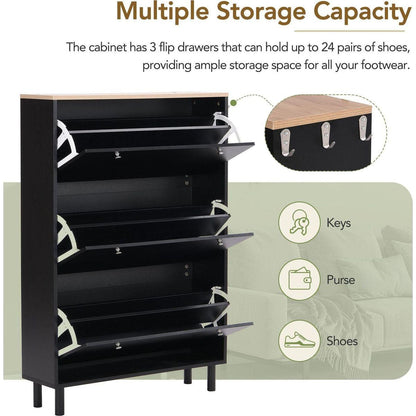 Narrow Design Shoe Cabinet with 3 Flip Drawers, Wood Grain Pattern Top Entryway Organizer with 3 Hooks, Free Standing Shoe Rack with Adjustable Panel for Hallway, Black