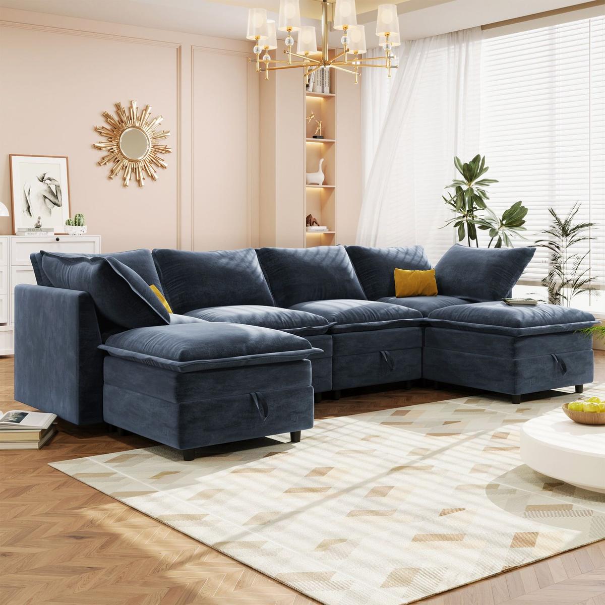 Mirod Versatile 6-Piece Modular Sofa Bed with Storage,Stylish Faux Double-Layer Cushions,Comfortable & Durable Design,Perfect for Any Living Space