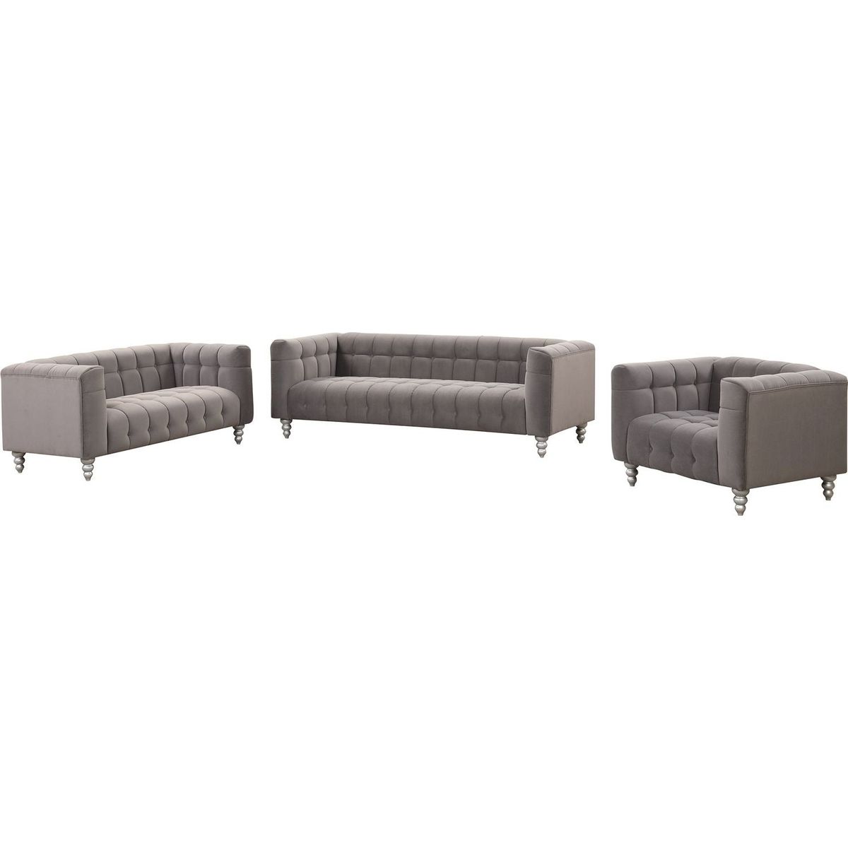 Modern 3-piece sofa set with solid wood legs, buttoned tufted backrest, Dutch fleece upholstered sofa set including three-seater sofa, double seat and living room furniture set single chair, gray