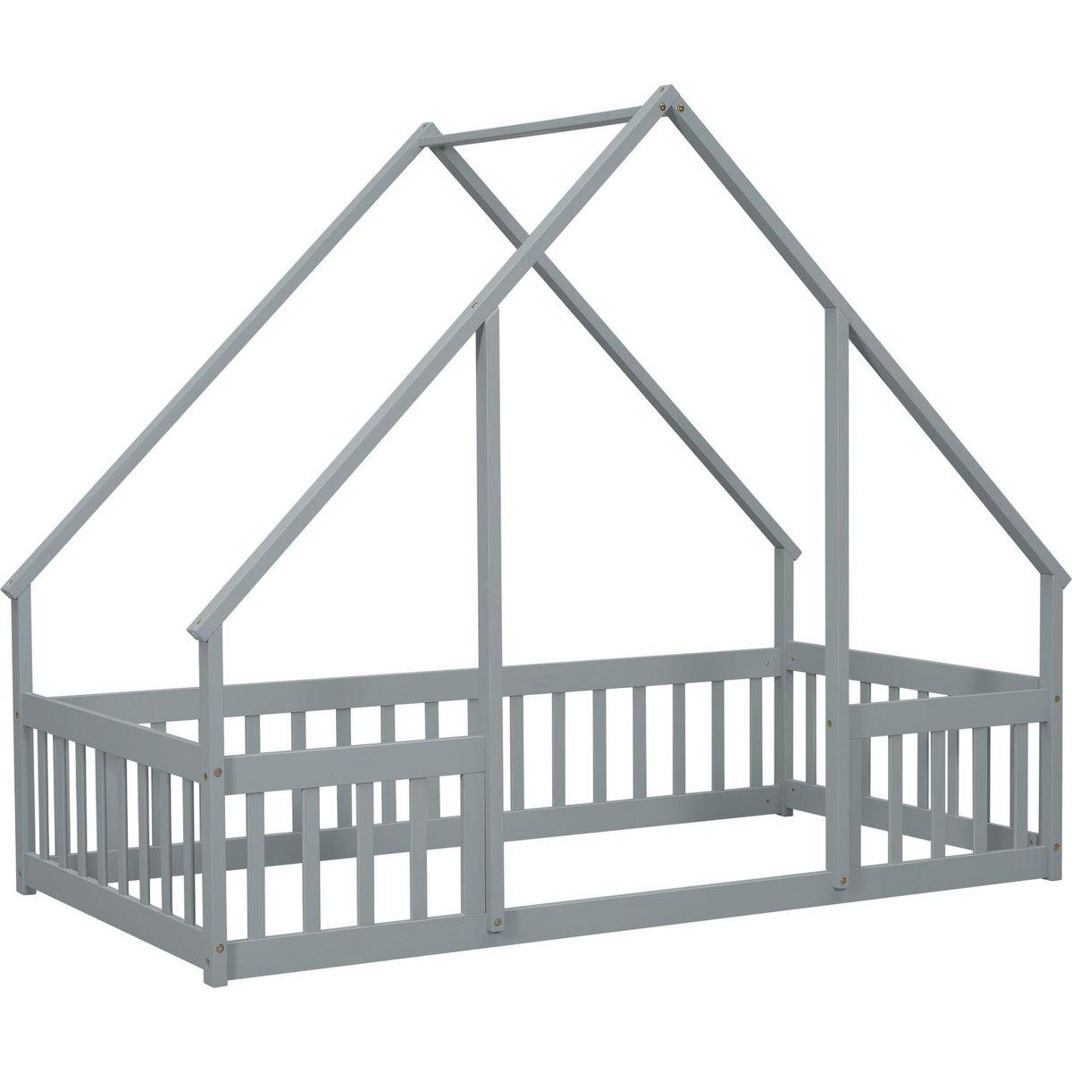 Twin Wood House-Shaped Floor Bed with Fence, Guardrails, Grey