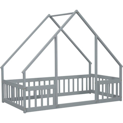 Twin Wood House-Shaped Floor Bed with Fence, Guardrails, Grey