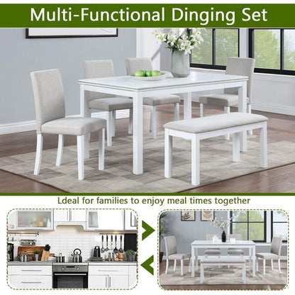 Wooden Dining Rectangular Table with Bench, Kitchen Table with Bench for Small Space, 6 Person Dining Table, White