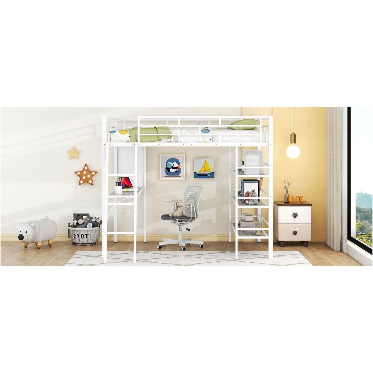 Full Size Loft Metal Bed with 3 Layers of Shelves and Desk, Stylish Metal Frame Bed with Whiteboard, White