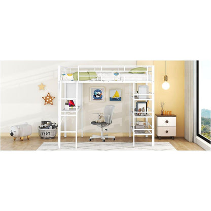 Full Size Loft Metal Bed with 3 Layers of Shelves and Desk, Stylish Metal Frame Bed with Whiteboard, White