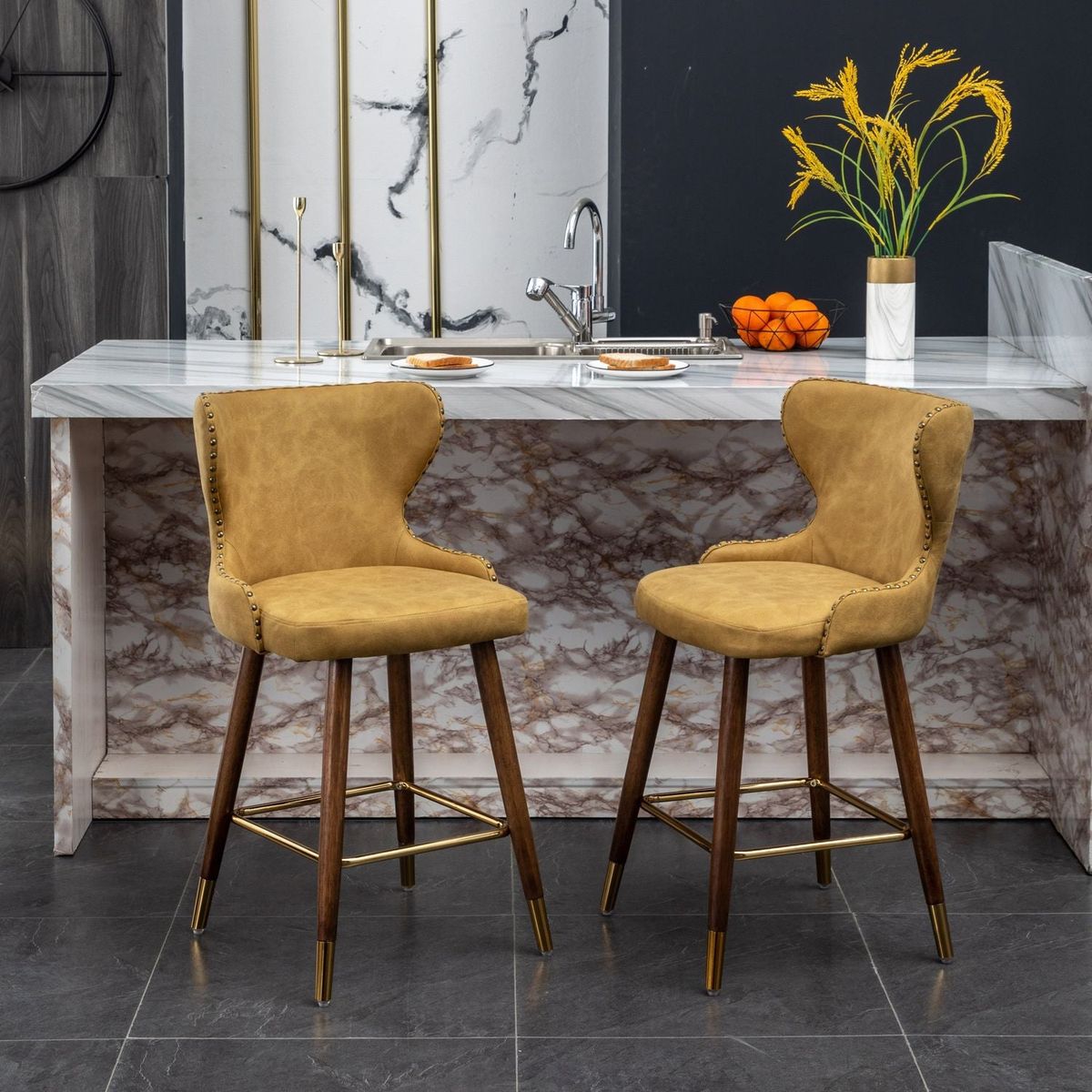 Nevis Mid-century Modern Faux Leather Tufted Nailhead Trim Counter Stool Set of 2, Yellow