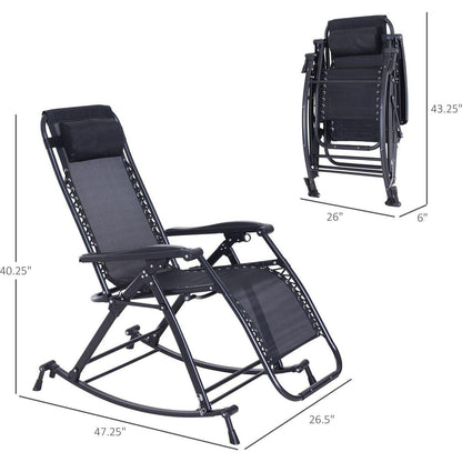 Outdoor Rocking Chairs, Foldable Reclining Anti Gravity Lounge Rocker w/ Pillow, Cup & Phone Holder, Combo Design w/ Folding Legs, Black