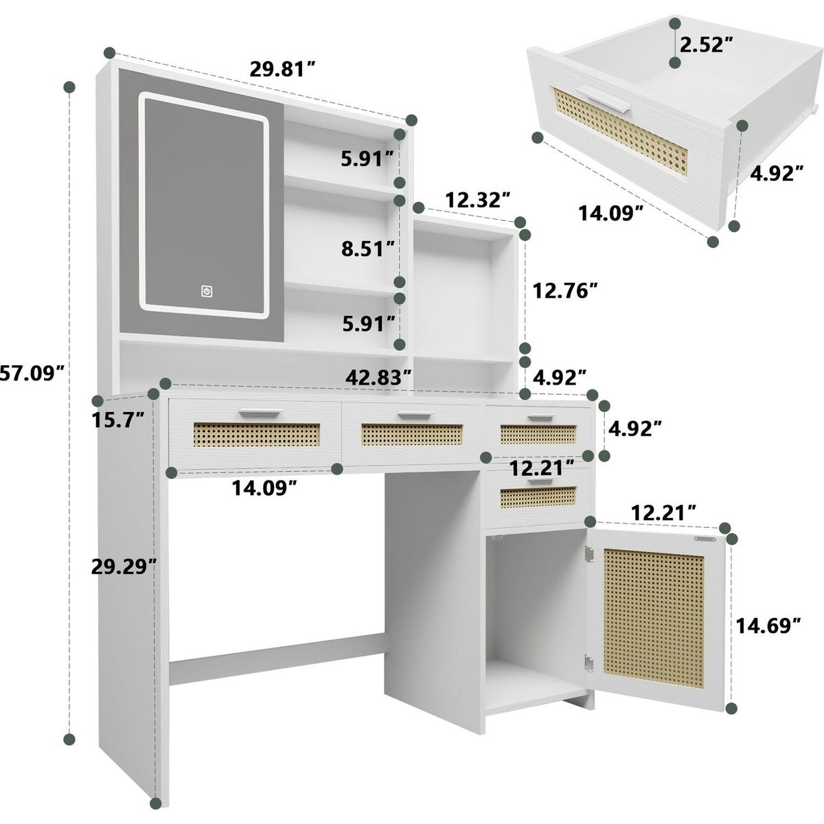 Makeup Vanity with Lights in 3 Colors & Openable Mirror, Vanity Desk with 4 Drawers & 1 Cabinets & Shelves, Vanity Table Rattan Vanity Dresser, for Bedroom