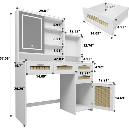 Makeup Vanity with Lights in 3 Colors & Openable Mirror, Vanity Desk with 4 Drawers & 1 Cabinets & Shelves, Vanity Table Rattan Vanity Dresser, for Bedroom
