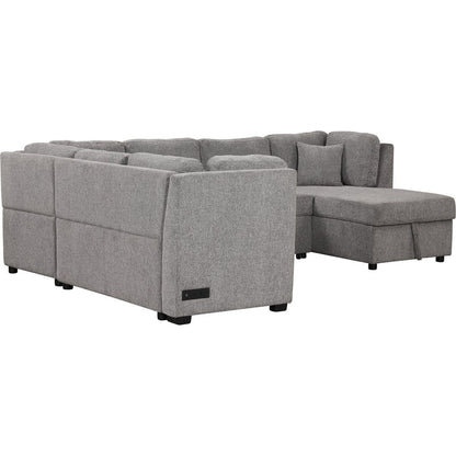 108.6" U-shaped Sectional Sofa Pull out Sofa Bed with Two USB Ports, Two Power Sockets, Three Back Pillows and a Storage Chaise for Living Room, Light Gray