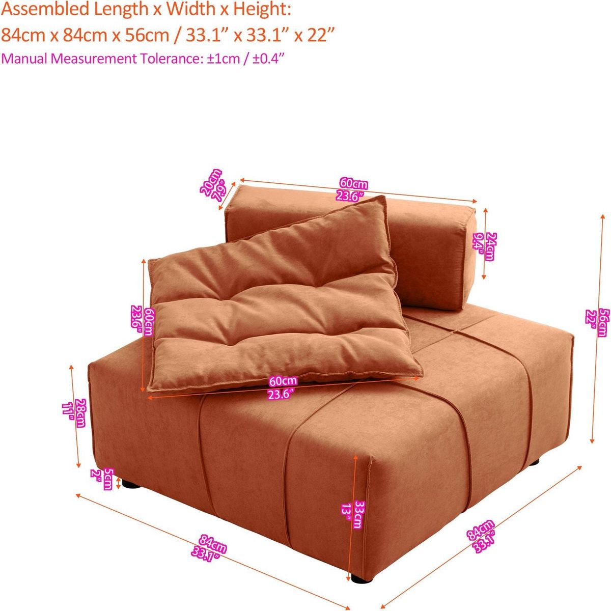 Modular Sectional single sofa,Armless Chair with Removable Back Cushion -33.1"for living room